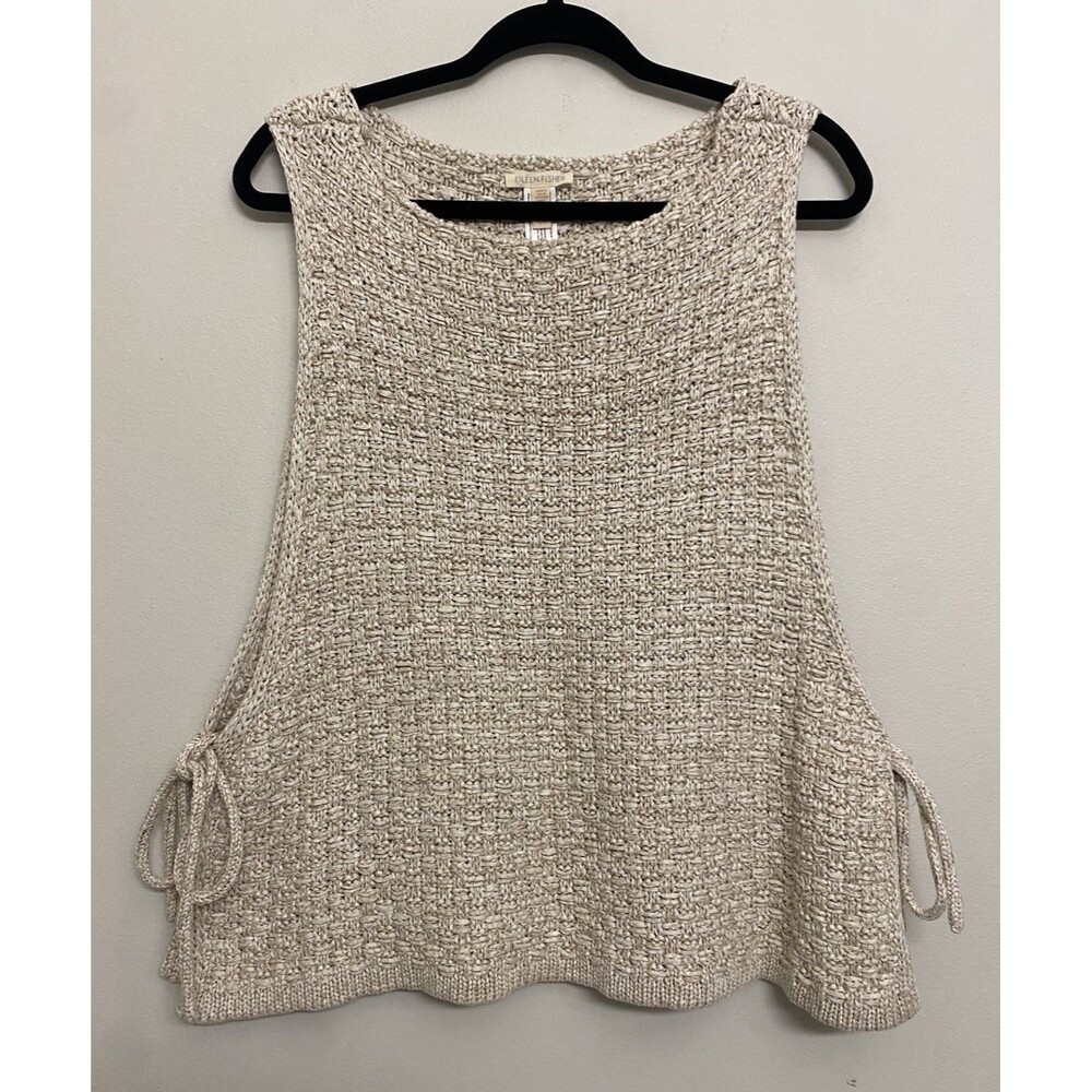 Eileen Fisher 100% Organic Cotton Knit Tie Vest Women’s L Beige Boxy Sustainable